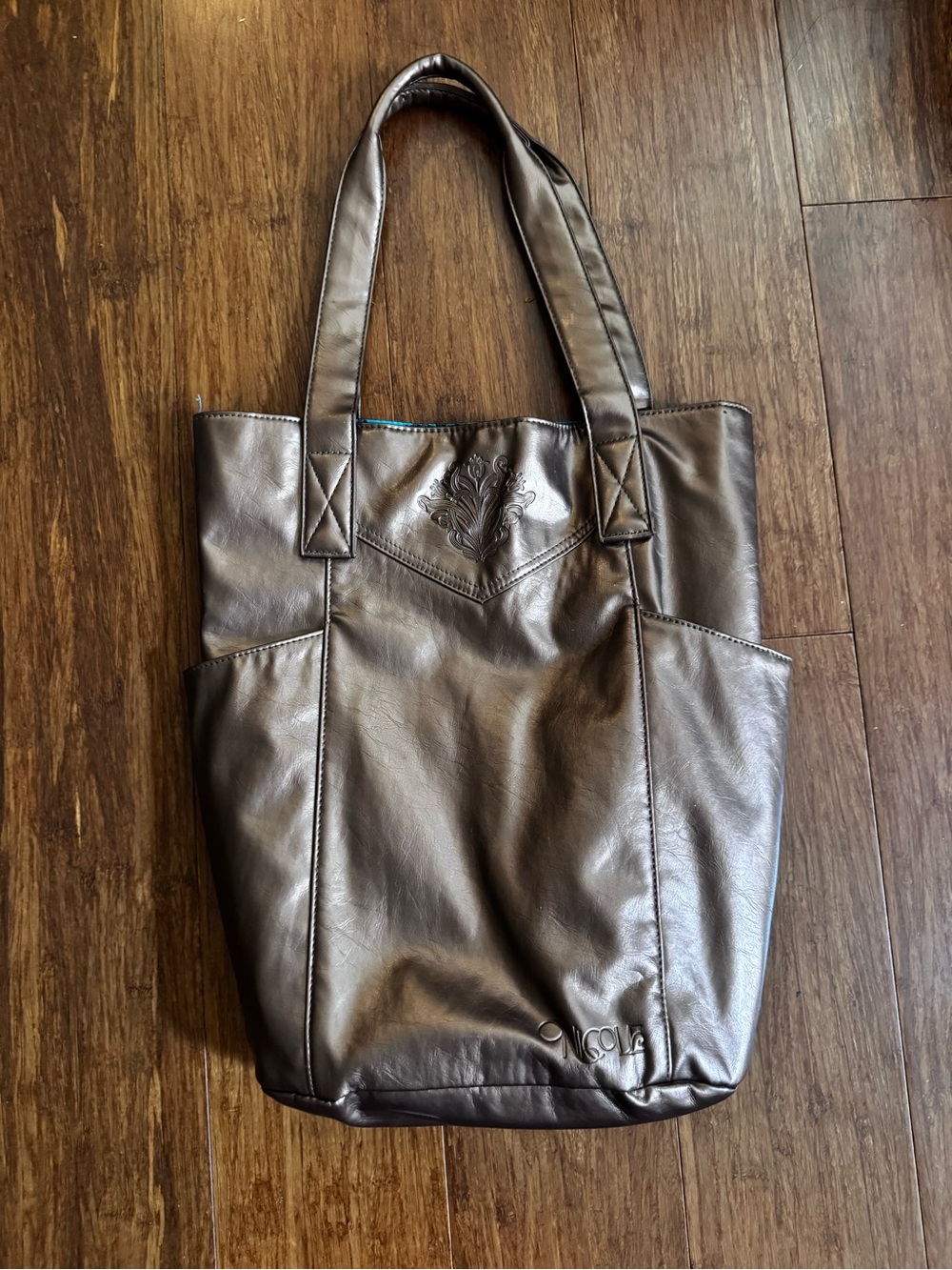 Retro Metallic Copper Brown Large Tote Bag Embossed Floral Teal Blue Print Purse